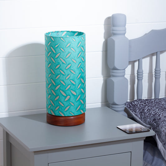 Flat Round Sapele Table Lamp with 15cm x 30cm Lampshade in P93 ~ Batik Tread Plate Seafoam
