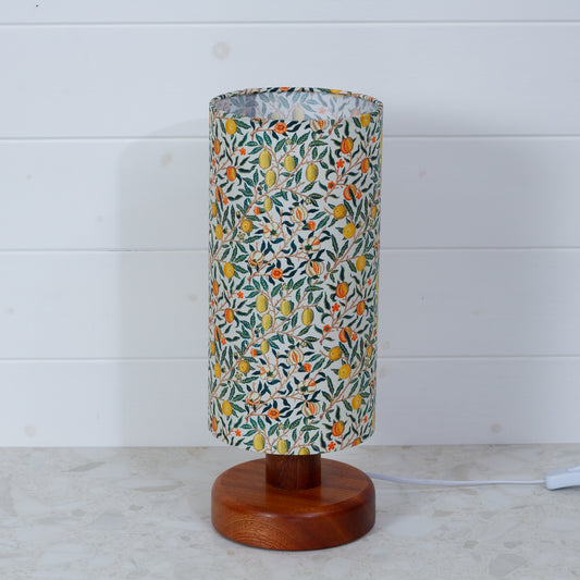 Round Sapele Table Lamp (15cm) with 15cm x 30cm Drum Lampshade in F110 ~ William Morris Fruits