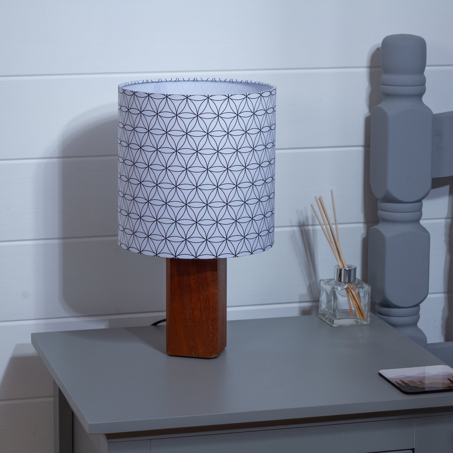 Square Sapele Table Lamp with 20cm Drum Lamp Shade B108 Flower of Life