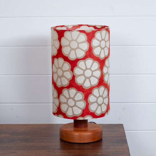 Round Sapele Table Lamp (15cm) with 20cm x 30cm Drum Lampshade in P18 - Batik Big Flower on Red