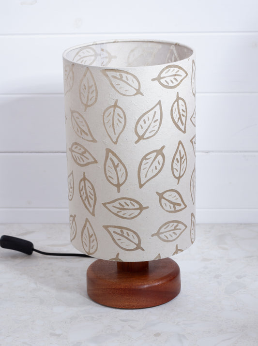 Round Sapele Table Lamp (15cm) with 20cm x 30cm Drum Lampshade in (P28) Batik Leaf on Natural