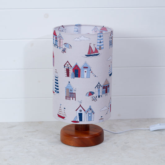 Round Sapele Table Lamp (15cm) with 20cm x 30cm Drum Lampshade in F130 ~ Beach Huts Fabric
