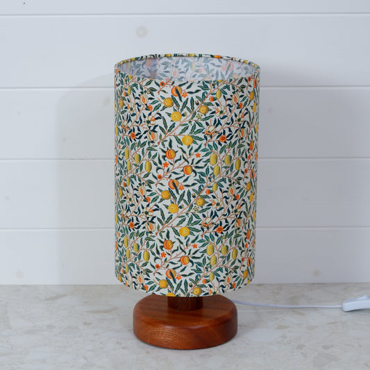 Round Sapele Table Lamp (15cm) with 20cm x 30cm Drum Lampshade in F110 ~ William Morris Fruits
