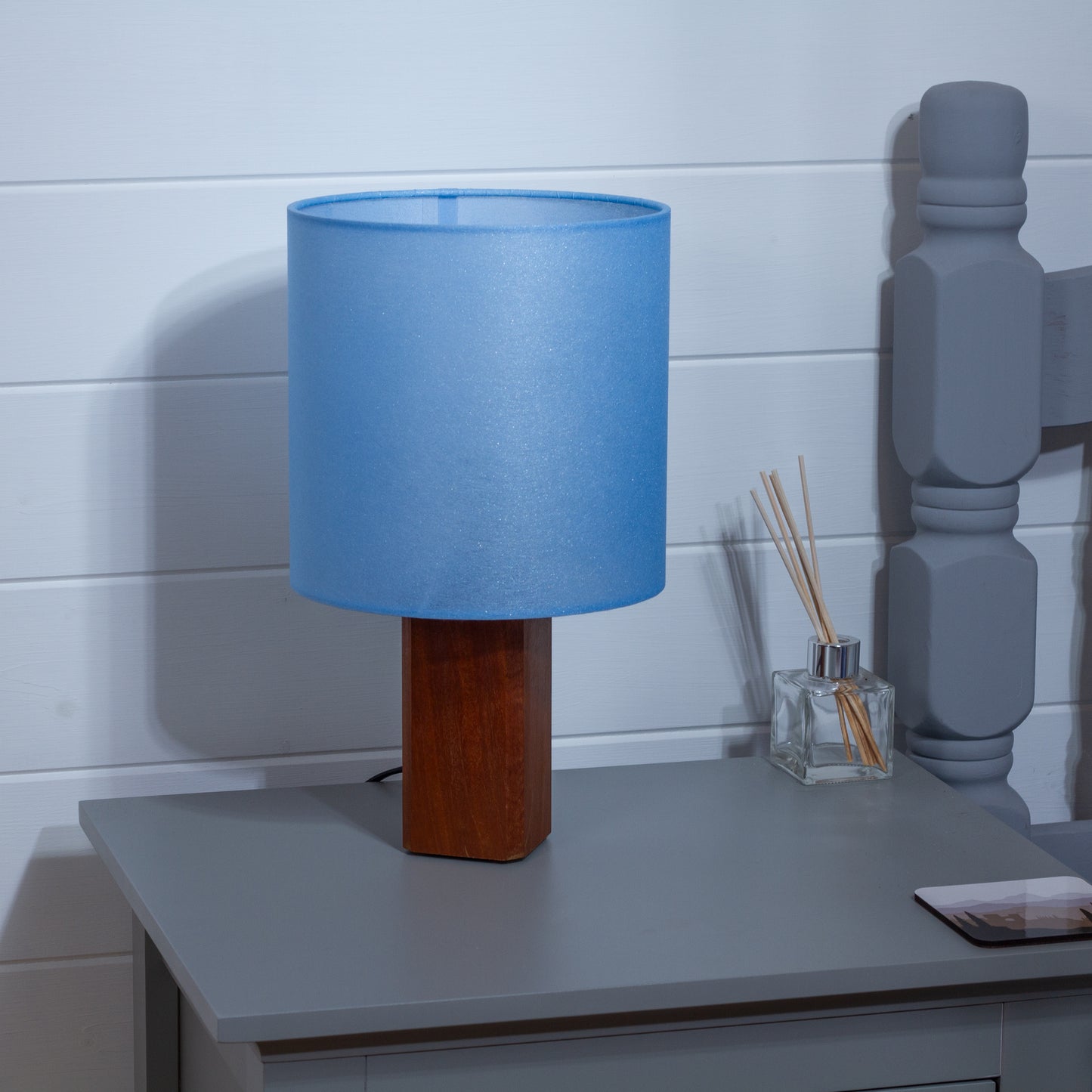Square Sapele Table Lamp with 20cm Drum Lamp Shade P51 ~ Blue Non Woven Fabric