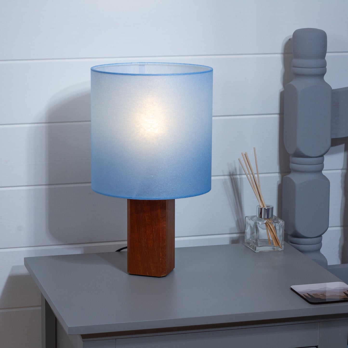 Square Sapele Table Lamp with 20cm Drum Lamp Shade P51 ~ Blue Non Woven Fabric