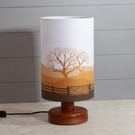 Round Sapele Table Lamp with 20cm x 30cm Lamp Shade in Landscape Gate Orange