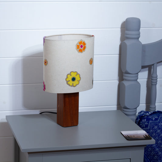 Square Sapele Lamp Base with Oval Lamp shade in P35 - Batik Multi Flower on Natural