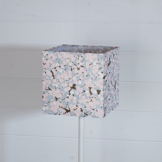 Square Lamp Shade - W02 ~ Pink Cherry Blossom on Grey, 20cm(w) x 20cm(h) x 20cm(d)