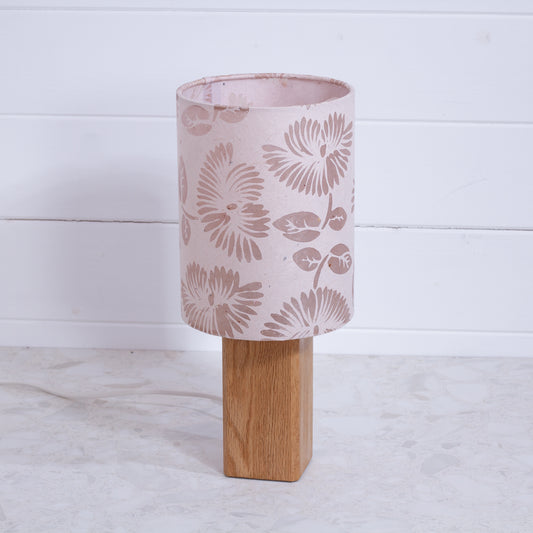 Square Oak Table Lamp with 15cm Drum Lamp Shade P09 - Batik Peony on Natural