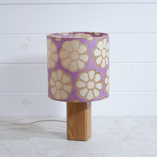 Square Oak Table Lamp with 20cm Drum Lamp Shade P21 ~ Batik Big Flower on Lilac