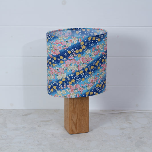 Square Oak Lamp Base with Oval Lamp shade in F120 ~ Cherry Blossom Blues Fabric