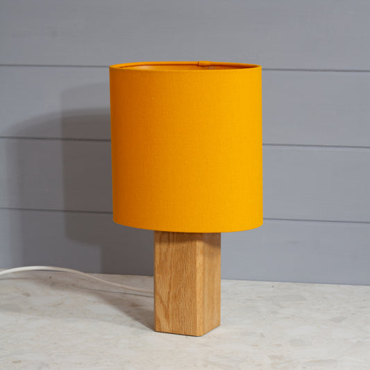 Square Oak Lamp Base with Oval Lamp shade in F180 ~ Yellow Ochre Linen