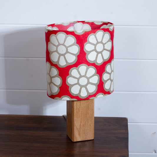 Square Oak Lamp Base with Oval Lamp shade in P18 - Batik Big Flower on Red