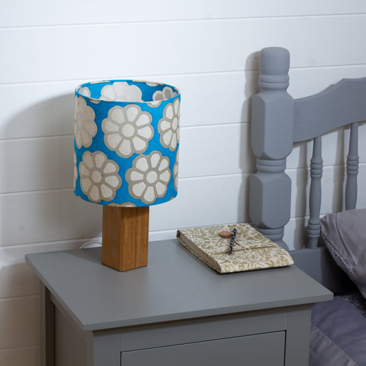 Square Oak Table Lamp with 20cm Drum Lamp Shade P23 - Batik Big Flower on Teal