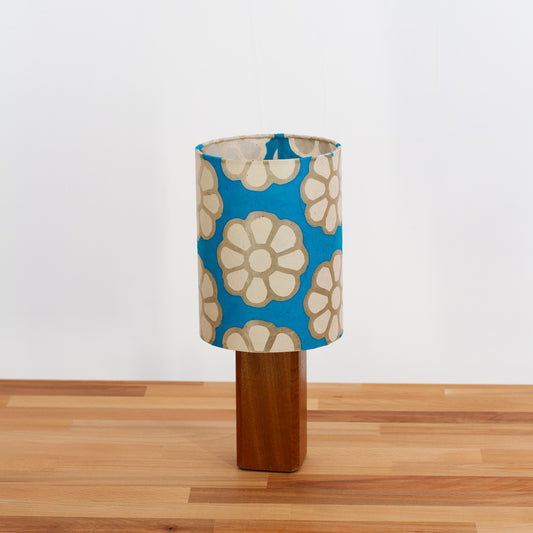 Square Sapele Table Lamp with 15cm Drum Lamp Shade P23 ~ Batik Big Flower on Teal
