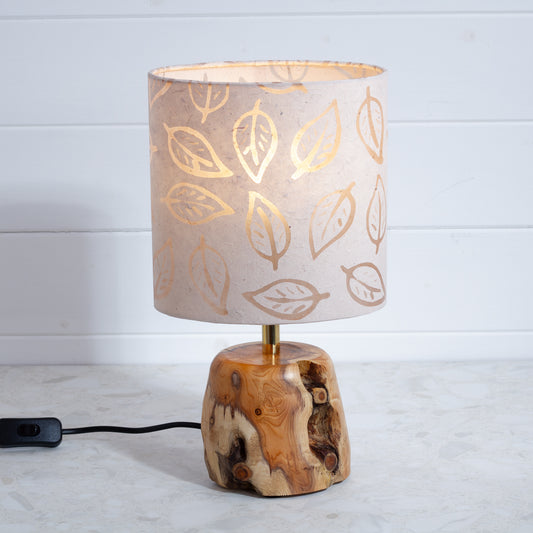 Handmade Yew Table Lamp (2502) with a 20cm Oval Lamp Shade in Batik Leaf Natural P28