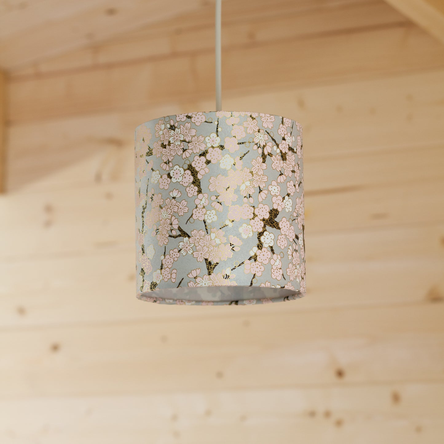 Drum Lamp Shade - W02 ~ Pink Cherry Blossom on Grey, 15cm(diameter)