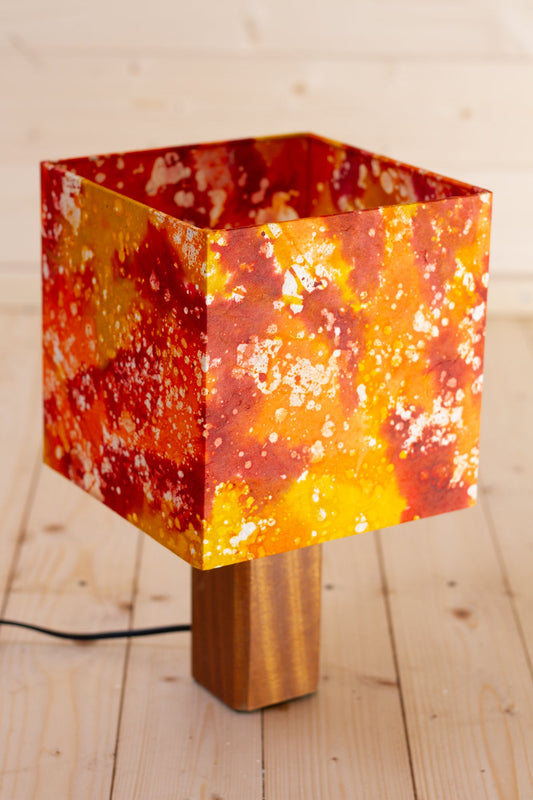 Square Sapele Table Lamp with a 20cm Square Lampshade in B112 ~ Batik Lava Red/Orange