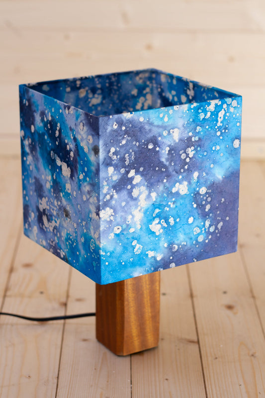 Square Sapele Table Lamp with a 20cm Square Lampshade in B113 ~ Batik Ocean Blues