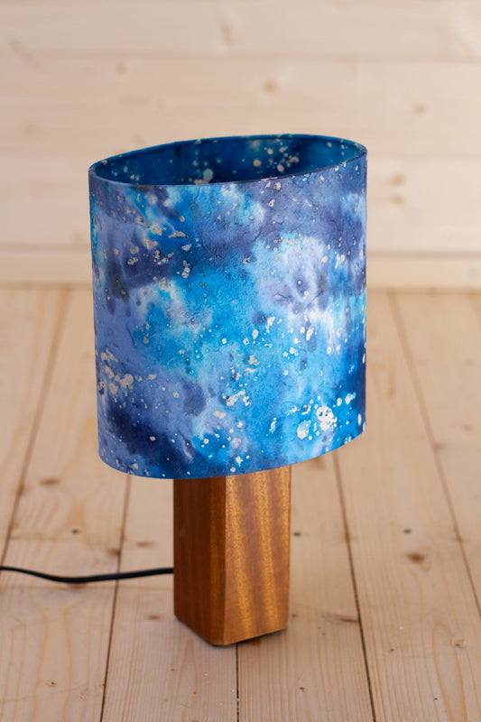 Square Sapele Table Lamp with 20cm Oval Lamp Shade B113 ~ Batik Ocean Blues