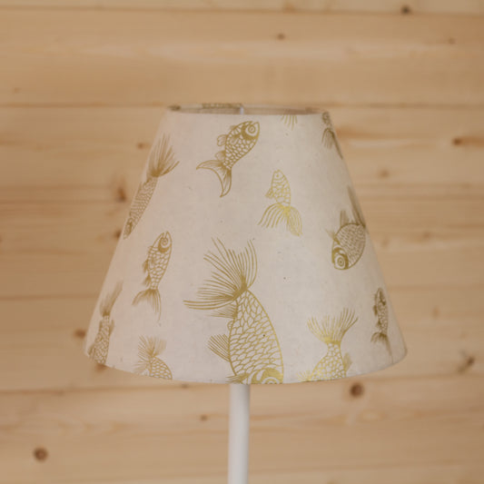 Conical Lamp Shade P40 - Gold Fish Screen Print on Natural Lokta, 15cm(top) x 30cm(bottom) x 22cm(height)
