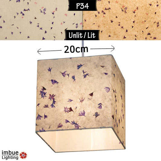 Square Lamp Shade - P34 - Cornflower Petals on Natural Lokta, 20cm(w) x 20cm(h) x 20cm(d) - Imbue Lighting