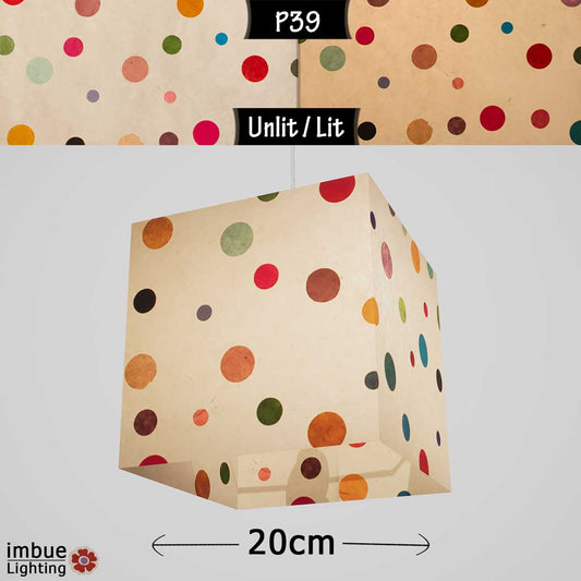 Square Lamp Shade - P39 - Polka Dots on Natural Lokta, 20cm(w) x 20cm(h) x 20cm(d) - Imbue Lighting