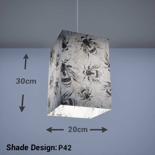 Square Lamp Shade - P42 - Bees Screen Print on Natural Lokta, 20cm(w) x 30cm(h) x 20cm(d) - Imbue Lighting