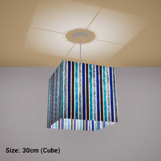 Square Lamp Shade - P05 - Batik Stripes Blue, 30cm(w) x 30cm(h) x 30cm(d) - Imbue Lighting