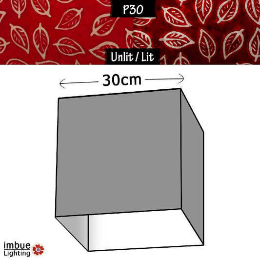 Square Lamp Shade - P30 - Batik Leaf on Red, 30cm(w) x 30cm(h) x 30cm(d) - Imbue Lighting
