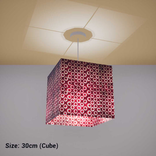 Square Lamp Shade - P73 - Batik Red Circles, 30cm(w) x 30cm(h) x 30cm(d) - Imbue Lighting