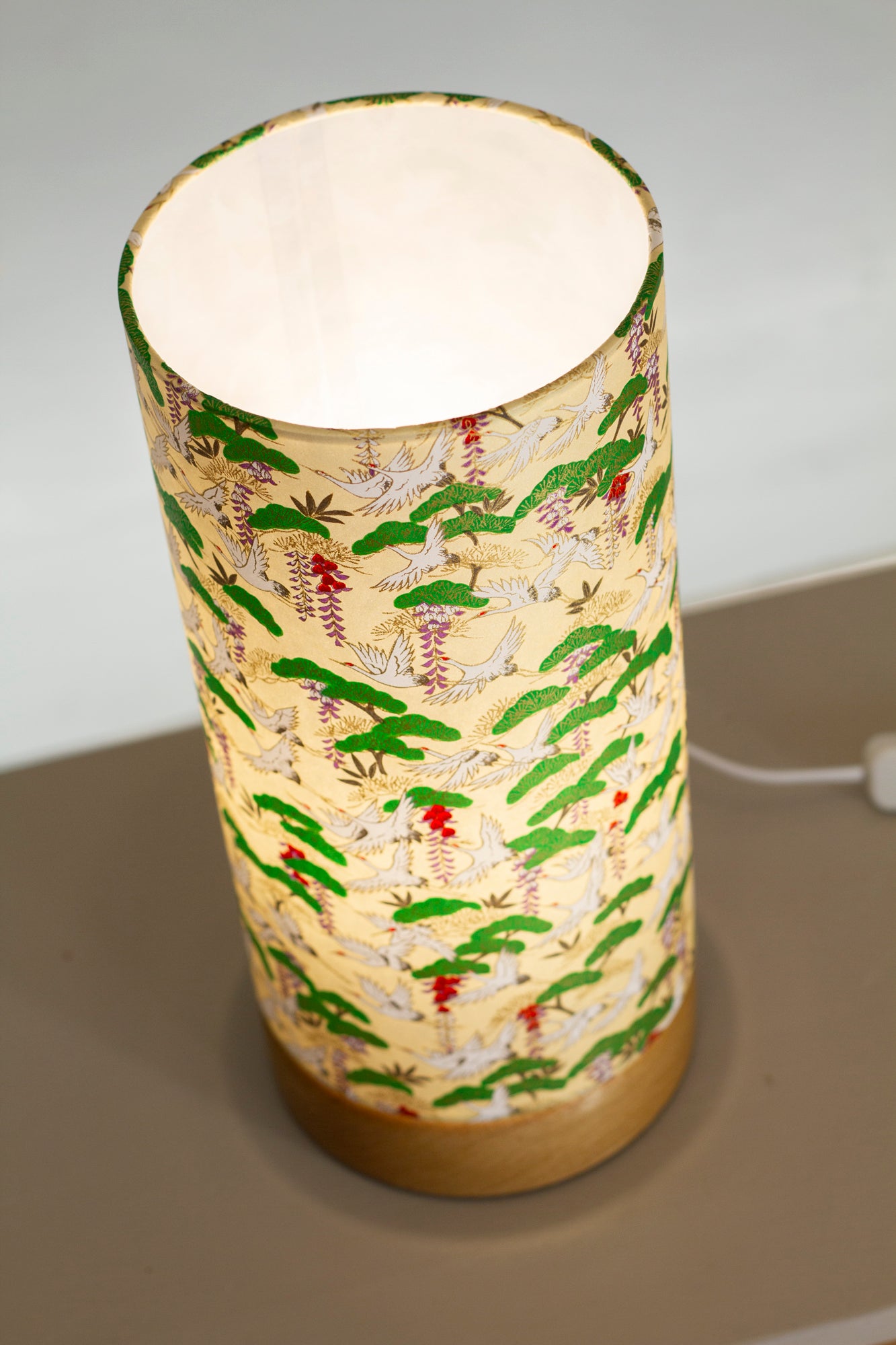 Flat Round Oak Table Lamp with 15cm x 30cm Lampshade in W05 ~ Washi Cranes
