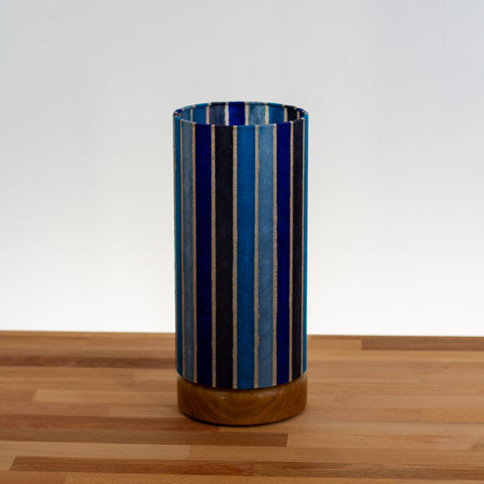 Round Oak Table Lamp Flat with 15cm x 30cm Drum Lampshade in P05 ~ Batik Stripes Blue
