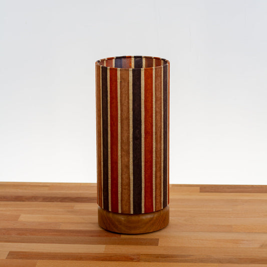 Round Oak Table Lamp Flat with 15cm x 30cm Drum Lampshade in P07 ~ Batik Stripes Brown
