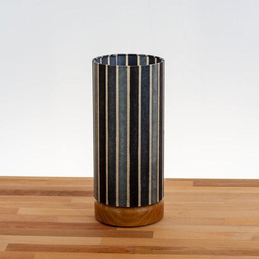 Round Oak Table Lamp Flat with 15cm x 30cm Drum Lampshade in P08 ~ Batik Stripes Grey