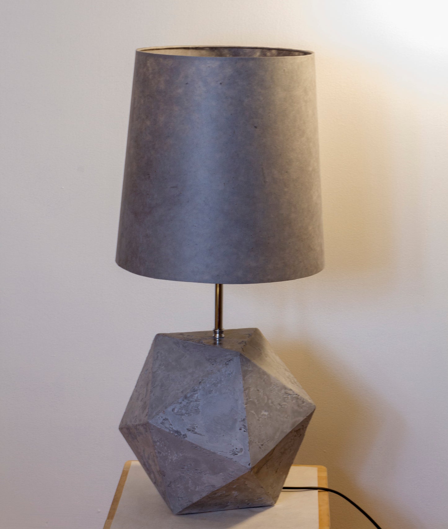 Icosahedron Grey Table Lamp with a Grey French Drum Lamp Shade