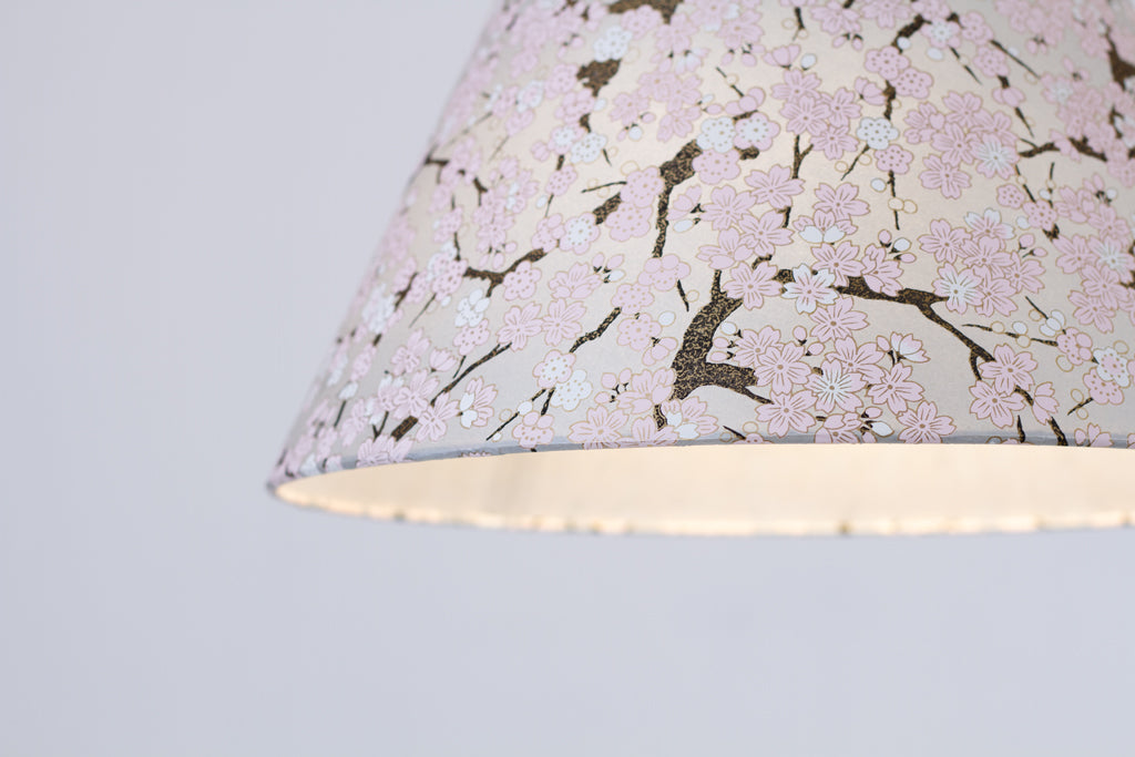 Conical Lamp Shade (Pendant) - W02 ~ Pink Cherry Blossom on Grey, 15cm Top, 35cm Bottom, 22cm Height