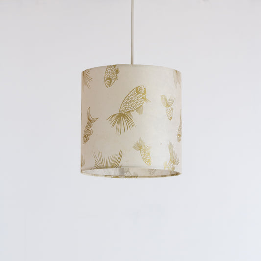 Drum Lamp Shade - P40 - Gold Fish Screen Print on Natural Lokta, 20cm(d) x 20cm(h)