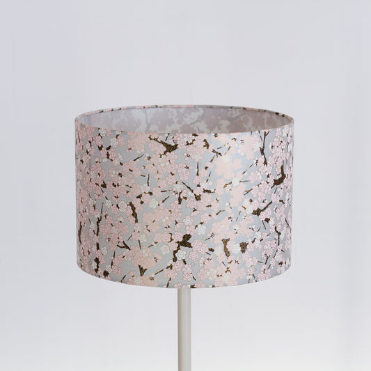 Drum Lamp Shade - W02 ~ Pink Cherry Blossom on Grey, 30cm(d) x 20cm(h)