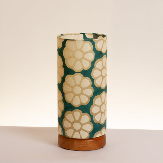 Flat Round Sapele Table Lamp (15cm) with 15cm x 30cm Drum Lampshade in Batik Big Flowers Rainforest P19