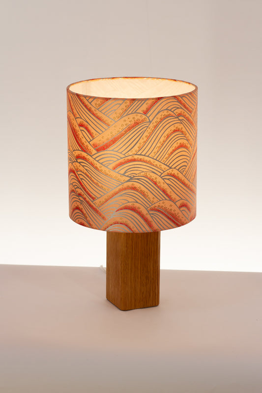 Square Oak Table Lamp with 20cm Drum Lamp Shade W09 ~ Peach Hills
