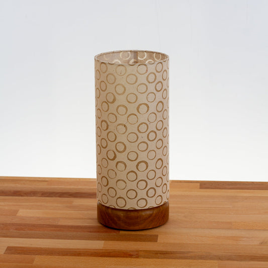 Round Oak Table Lamp Flat with 15cm x 30cm Drum Lampshade in P74 ~ Batik Natural Circles