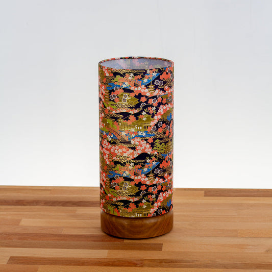 Round Oak Table Lamp Flat with 15cm x 30cm Drum Lampshade in W06 ~ Kyoto