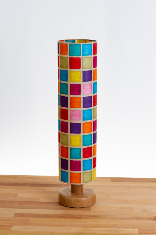 Round Oak Table Lamp 15cm x 60cm Lamp shade in P01 - Batik Multi Square