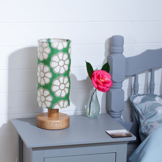 Round Oak Table Lamp (15cm) with 15cm x 30cm Drum Lampshade in B127 ~ Batik Big Flower Green
