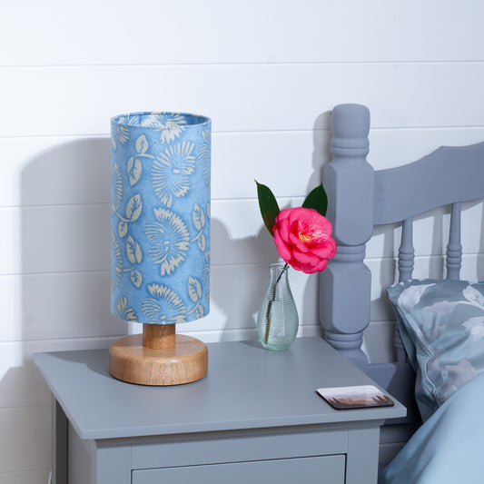Round Oak Table Lamp (15cm) with 15cm x 30cm Drum Lampshade in B129 ~ Batik Peony Blue