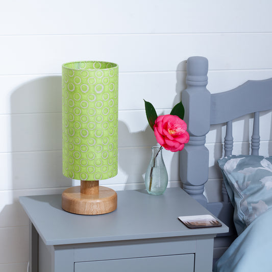 Round Oak Table Lamp (15cm) with 15cm x 30cm Drum Lampshade in P02 - Batik Lime Circles