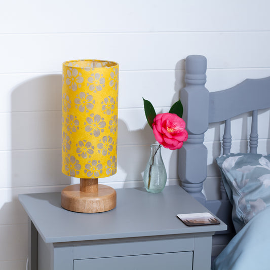 Round Oak Table Lamp (15cm) with 15cm x 30cm Drum Lampshade in B128 ~ Batik Star Flower Yellow