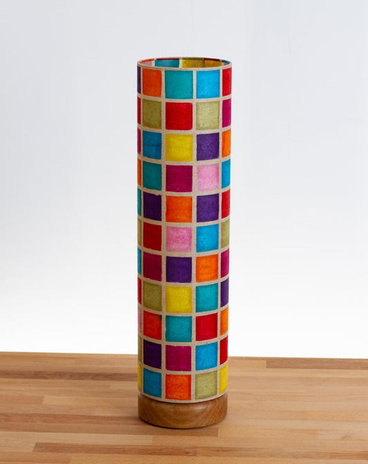 Flat Round Oak Table Lamp with 15cm x 60cm Lampshade in P01 - Batik Multi Square