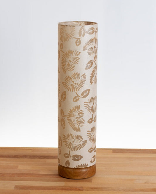 Flat Round Oak Table Lamp with 15cm x 60cm Lampshade in P09 - Batik Peony on Natural